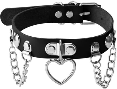 PU-Leren Choker Halsband met Hart & Kettingen – Zwarte BDSM Halsband – 2 cm breed – Verstelbare Nekband 30–39 cm – Sexy Fetish Accessoire