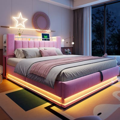Intelligent bed – afmetingen 180 x 200 cm – voorzien van ledverlichting – USB-aansluiting en hydraulische opbergruimte – zachte fluwelen bedovertrek en roze metalen frame