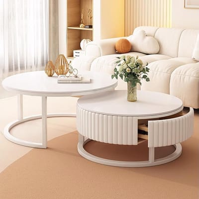 Salontafel Set - Ronde Tafels - Woonkamer Inrichting - 2-Delig Stapelbaar - 80 cm - Wit