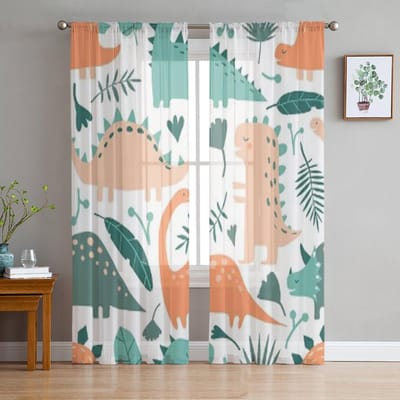Dinosaurus Dieren Tropische Bladeren Tule Gordijnen Voor Woonkamer Transparant Gordijn Slaapkamer Sluier Organza Decoratieve Raambekleding 135W x 114H(cm) white