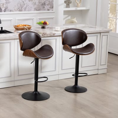 MODFU - Barhockerset - Draaibaar En In Hoogte Verstelbaar - Vintage - Voor Keukeninsel - Hout En Kunstleer - Bruin
