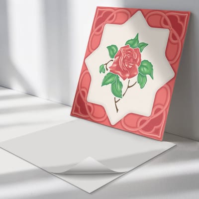 Wallfluent Vinyl Tegels - Bloemencompositie in Een Lijst Vinyl Tegels Zelfklevend - 30 cm x 30 cm - Rood PVC Tegels - Set van 9 - Vierkant PVC Tegels - Bloemen en Planten Plaktegels - Zelfklevende Vinyltegels - Plaktegels Keuken en Badkamer