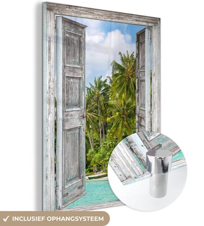 MuchoWow® Glasschilderij 30x40 cm - Schilderij acrylglas - Palm - Zee - Doorkijk - Tropisch - Foto op glas - Schilderijen