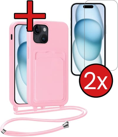 Hoesje Geschikt voor iPhone 15 Plus Hoesje Met Telefoonkoord en Pasjeshouder Met 2x Screenprotector Siliconen - Hoes Geschikt voor iPhone 15 Plus Hoesje Met Kaarthouder Case - Lichtroze