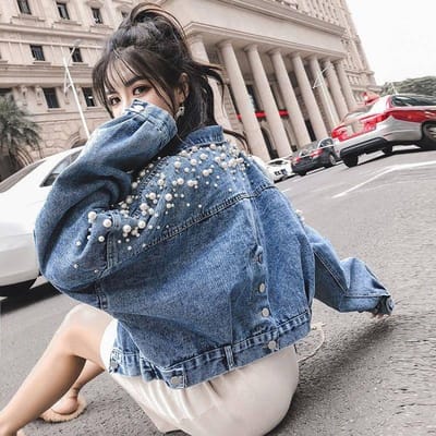 Herfst Dames Lichtblauw Parel Kralen Slim Denim Jassen Mode Streetwear Parel Jeans Jas M gray