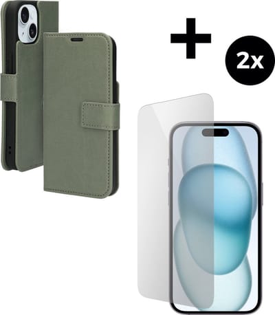 Mobiparts Classic Wallet hoesje geschikt voor Apple iPhone 15 met 2 Screenprotectors van Gehard Glas - Groen