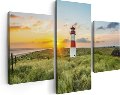 Artaza Canvas Schilderij Drieluik Vuurtoren met Zonsopgang op een Eiland - 90x60 - Foto Op Canvas - Canvas Print