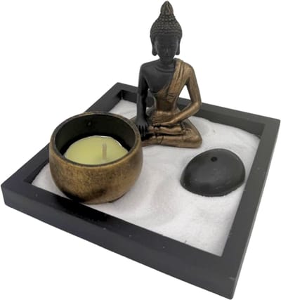Zen Wierookhouder met Boeddha, Waxinelicht houder, Zand & Steen voor wierookstokjes - Zentuintje