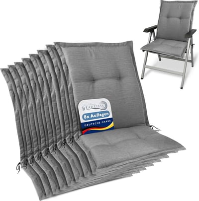 Beautissu HighLux NL – Set van 8 Tuinkussen Lage Rug Kussen 105x50x7cm – Outdoor Zitkussen voor Tuinstoel Grijs