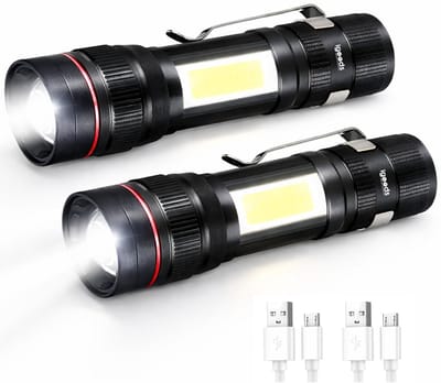 Igoods Oplaadbare Zaklampen - Multifunctionele LED Zaklampen - Mini Zaklampen - COB Zijverlichting - USB Oplaadbaar - Zoomfunctie - Compact & Krachtig - 2 Stuks - Zwart