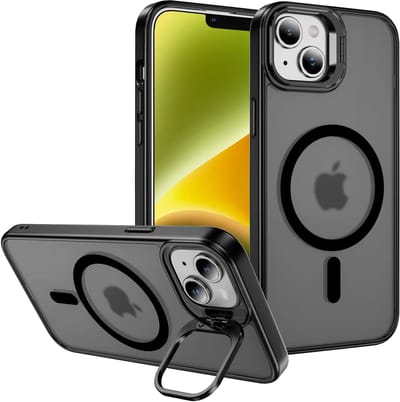 Hoesje Geschikt voor Apple iPhone 13 / 14 - Compatibel met MagSafe & Qi2 - Back Cover met Standaard - Camera Kickstand - Zwart