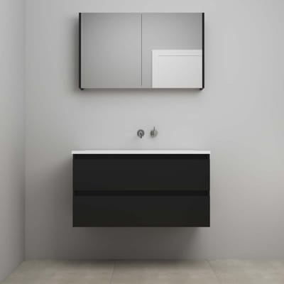 On-Line Badkamermeubelset - 100 cm - Voorgemonteerd - Acryl Wastafel - zonder Kraangat - Spiegelkast - Mat Zwart - V01