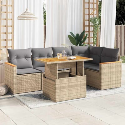 vidaXL - 6-delige - Loungeset - met - kussens - poly - rattan - acacia - beige