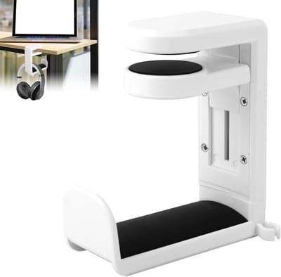 Koptelefoon standaard - Hoofdtelefoon hanger - Koptelefoon houder voor onder bureau - Headset hanger - Headset standaard - Opbergrek - Haken - met 360 graden draaibare haak en kabelclip - voor hoofdtelefoons, petten, brillen - wit