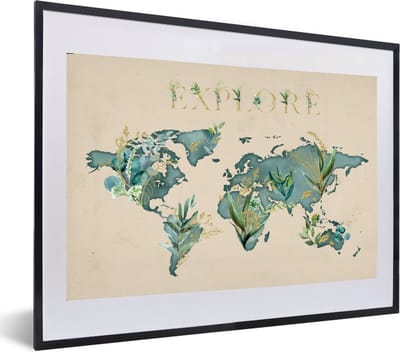 Poster in lijst - Fotolijst 60x40 cm - Posters - Wereldkaart - Explore - Goud - Posterlijst zwart - Decoratie - Wanddecoratie woonkamer - Muurdecoratie slaapkamer