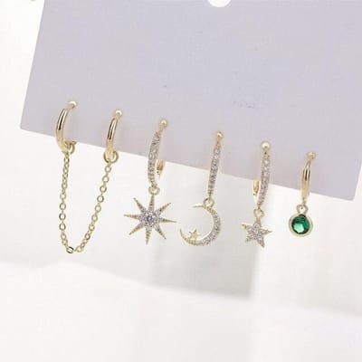 Éblouissants Ensembles de Boucles d'Oreilles Lune Étoile à Double Trou d'Oreille Mosaïque Zircone Cubique Boucle d'Oreille Créole Pour Femmes Ensembles de 5 pièces S-E1091 doré
