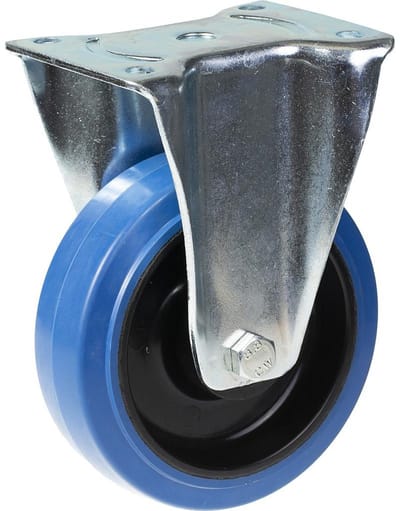 Vast zwenkwiel van 160 mm met blauw elastisch rubber op een nylon middenwiel