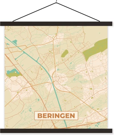 Posterhanger incl. Poster 60x60 cm - Schoolplaat - Plattegrond - Kaart - Stadskaart - België - Beringen - Textielposter - Zwarte latten - Stadskaart