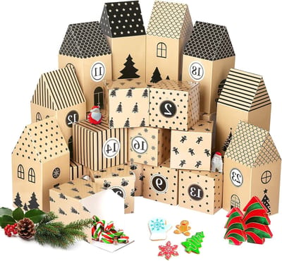 Adventskalender voor het vullen met 24 stuks, kersthuisjes en geschenkdozen van karton voor knutselen en decoratie voor kinderen