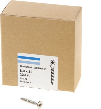 Hoenderdaal Spaanplaatschroef RVS platverzonken kop PZ2 voldraad 5.0X35 (per 200 stuks)