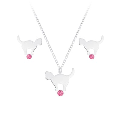 Joy|S - Zilveren kat poes hanger met ketting en oorbellen kristal roze set - voor kinderen