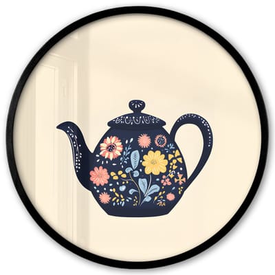 Poster in lijst Rond - Fotolijst 40x40 cm - Posters - Theepot - Kleurrijk - Bloemen - Ronde posterlijst zwart - Decoratie - Wanddecoratie woonkamer - Muurdecoratie slaapkamer