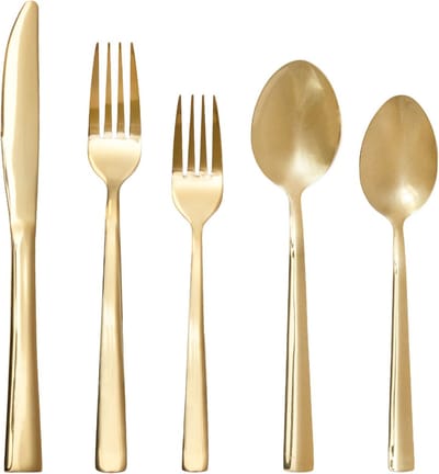 Intirilife 20-delige bestekset van roestvrij staal in Goud - 4 stuks vorken, taartvorkjes, messen, lepels, dessertlepels - Bestek voor 4 personen, vierkant, vaatwasmachinebestendig bestek