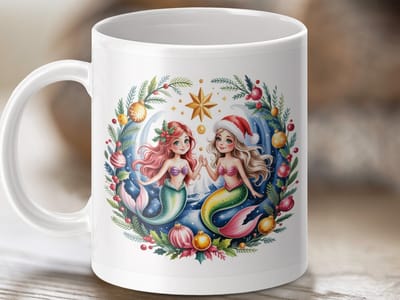 Mok Kerst Zeemeerminnen, Feestelijke Mok, Vakantie Zeemeermin, Kerstcadeau Mok, Zeemeermin Fans Mok, Charmante Kerst Mok, Waterverf Mok