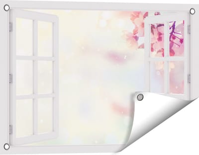 Gards Tuinposter Doorkijk Roze Bloesemboom met Zonneschijn - 60x40 cm - Tuindoek - Tuindecoratie - Wanddecoratie buiten - Tuinschilderij
