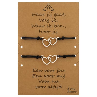 Vriendschapsarmbandjes voor 2 "Waar jij gaat, volg ik" - Verbonden Hartjes - BFF Armbandjes met Persoonlijk Cadeau Kaartje - Zilverkleurig - Elastisch Verstelbaar - Pax Amare