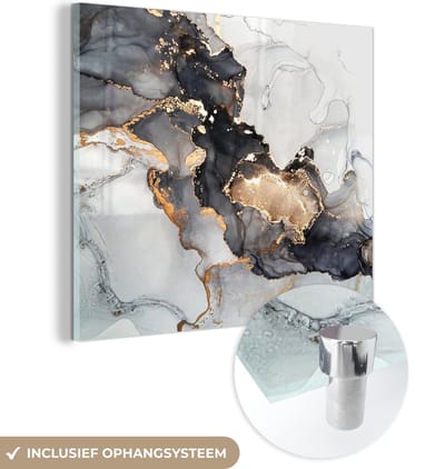 Glasschilderij abstract - Marmer - Goud - Marmerlook - Zwart - Schilderijen woonkamer - Schilderij glas - Foto op glas - Glasplaat - Kamer decoratie - 50x50 cm - Wanddecoratie - Muurdecoratie - Slaapkamer