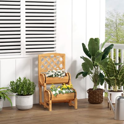 MEUNIQ moestuinbak met rankhulp 45 x 45 x 80 cm, houten hoogbeet met 2 plantenbakken, verhoogde bloembak voor tuin, terras of balkon, geel