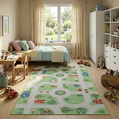Tapiso Snooki Vloerkleed voor Kinderkamer Speelkleed Groen Kindertapijt met Auto & Stad Motief Jongens Antislip Zacht Kortpolig OEKO-TEX 80x150