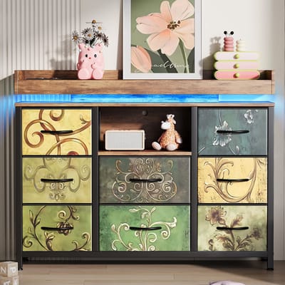 Commode met ledverlichting en USB-laadstation, slaapkamerkast met 8 stoffen lades, houten blad en stevig stalen frame voor woonkamer en slaapkamer, 108x30x82cm, meerkleurig groen