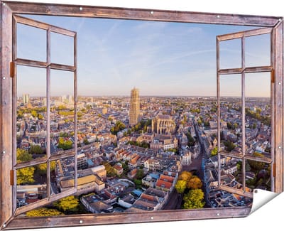 Gards Tuinposter Doorkijk Utrecht vanuit de Lucht - 180x120 cm - Tuindoek - Tuindecoratie - Wanddecoratie buiten - Tuinschilderij