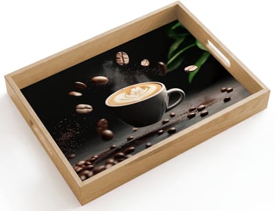 Dienblad hout 40x30 cm - Schootdienblad - Cappuccino - Kop - Bonen - Bruin - Borrelplank rechthoek - Plateau dienbladen