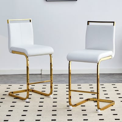 Wishdor Set Van 2 Barkrukken - Stabiel Met Voetensteun - Scandinavisch Ontwerp - Voor Keuken En Horeca - Metaal En Imitatieleer - Wit Met Goudkleurig Onderstel - Totale Hoogte 96,5 Cm - Zithoogte 63,5 Cm