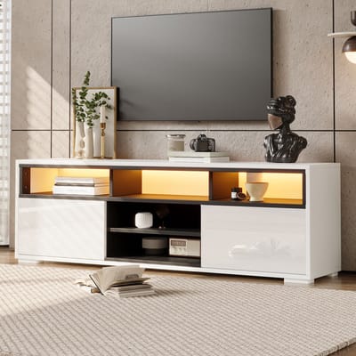 STILVORA Tv-Meubel - Hoogglans Met Ledverlichting En Opbergruimte - Voor Kleine Woonkamer - Spaanplaat - 150x35x50 Cm - Wit