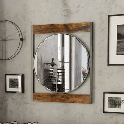 Artloge Wandspiegel - Rond in Vierkant Houten Frame - Industriële Retro Spiegel - 63x76cm