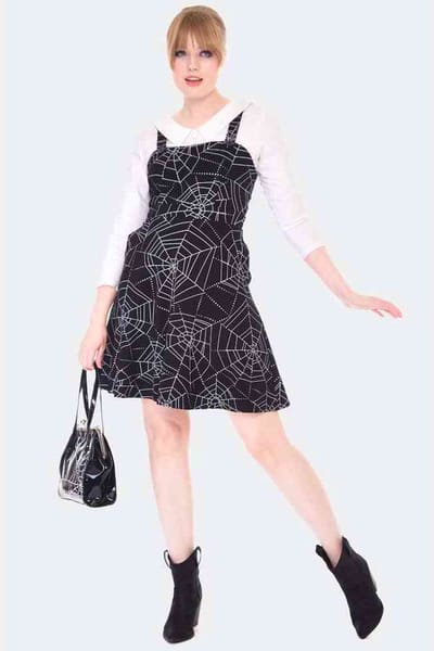 Voodoo Vixen - Spider Web Print Overall Flare jurk - M - Zwart
