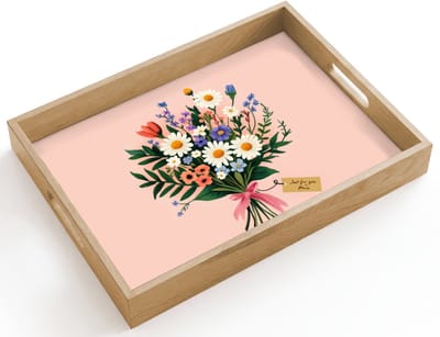 Dienblad hout 40x30 cm - Schootdienblad - Margrieten - Boeket - Strikje - Roze - Borrelplank rechthoek - Plateau dienbladen