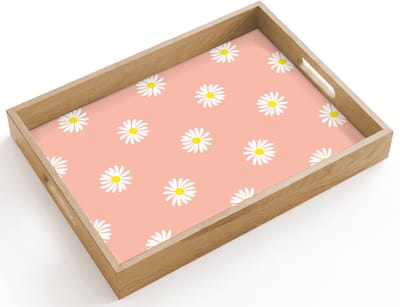 Dienblad hout 40x30 cm - Schootdienblad - Madeliefjes - Pastel - Wit - Roze - Bloemen print - Borrelplank rechthoek - Plateau dienbladen