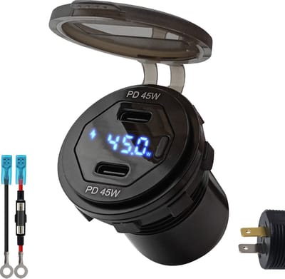 ProRide 12V USB C Autolader 2 Poorten Inbouw met Schakelaar/Voltmeter - 45W/QC3.0 - met Aansluitkabel 60cm en Glaszekering 10A