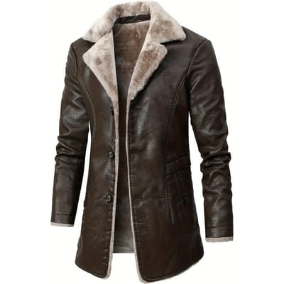 Veste décontractée en cuir PU doublée polaire chaude pour homme, manteau chic à boutons - Doublure polaire douce, cuir PU - pour l'automne/hiver - Élégant et confortable XXXL brun foncé