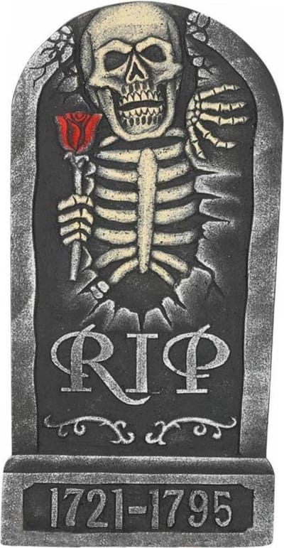 Horror kerkhof decoratie grafsteen RIP skelet met roos 32 x 65 cm - Halloween feestdecoratie en versiering