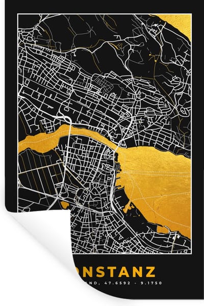Muurstickers - Sticker Folie - Konstanz - Goud - Stadskaart - Plattegrond - Duitsland - Kaart - 20x30 cm - Plakfolie - Muurstickers Kinderkamer - Zelfklevend Behang - Zelfklevend behangpapier - Stickerfolie