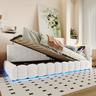 Ligbed - 90x200cm - slaapbank - zonder matras - LED-verlichting - USB-poort - Type-C - imitatiefleece - wit