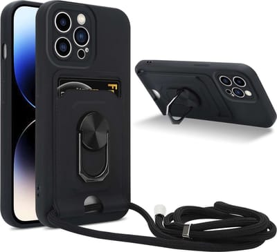 Cadorabo Telefoonketting Hoesje met standfunctie geschikt voor Apple iPhone 14 PRO in ZWART - Siliconen beschermhoes met verstelbare koordband