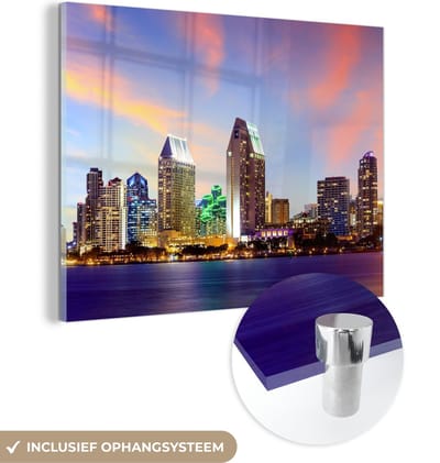 MuchoWow® Glasschilderij 120x90 cm - Schilderij acrylglas - Skyline - Verenigde Staten - Water - Foto op glas - Schilderijen