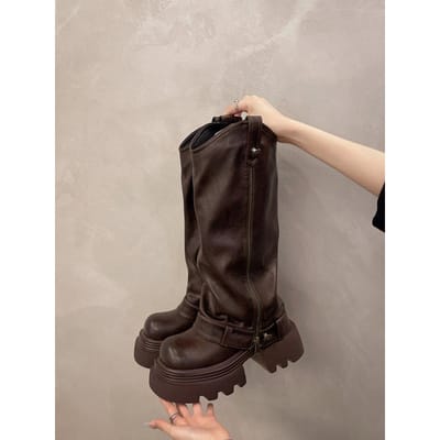 Herfst Dames Kniehoge Laarzen Western Ronde Neus Lange Laarzen Dames Western Schoenen Dikke Hak Plateau Dames 40 gray